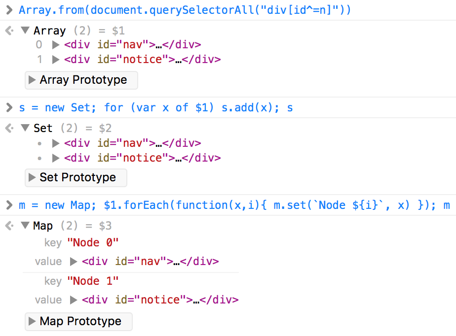 Array, Set, and Map object trees