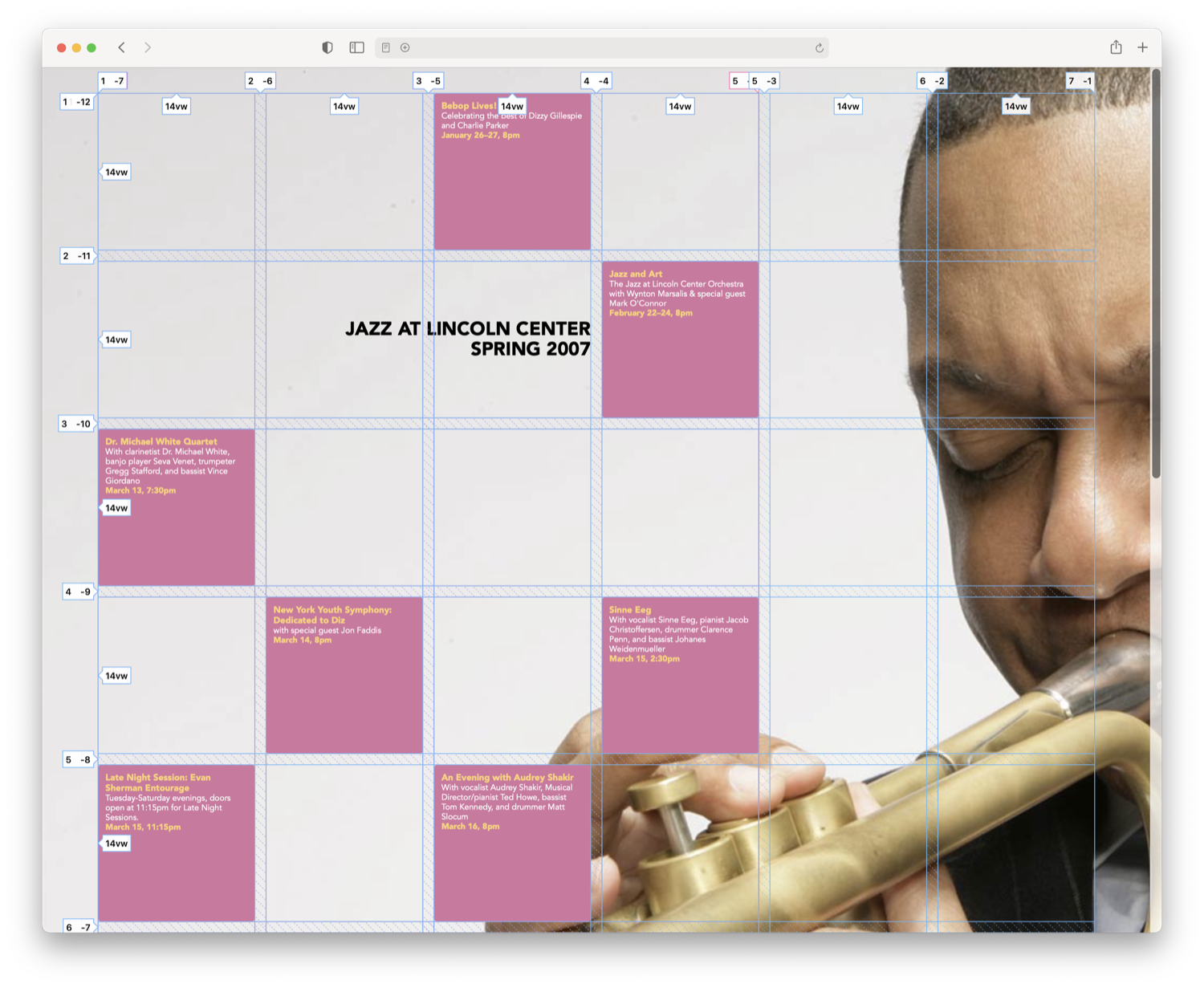 Page Overlay showing grid constraints of concert poster demo using CSS Grid Layout