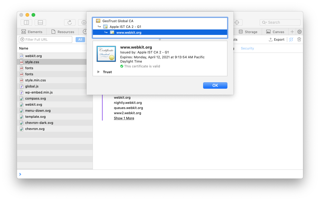 Web Inspector Network Tab resource security certificate in light mode