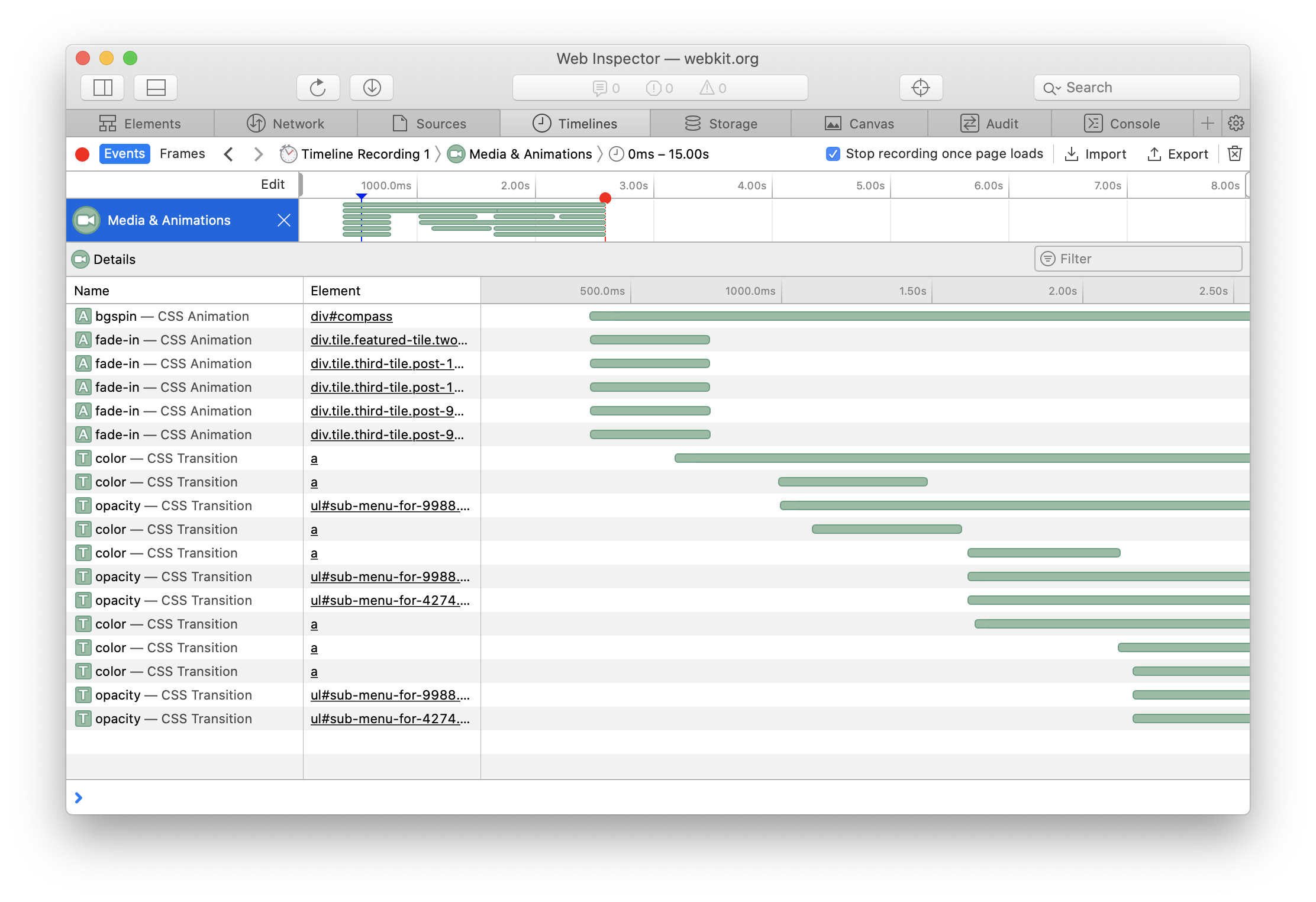 Web Inspector Media and Animations Timeline